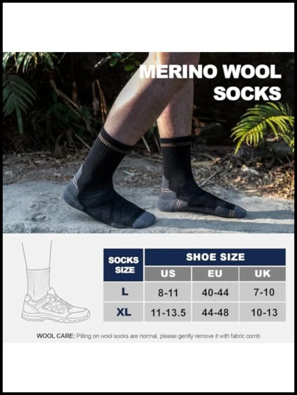 Men's 70% Merino Wool Light Cushion Crew Hiking Dress Socks Moisture Wicking